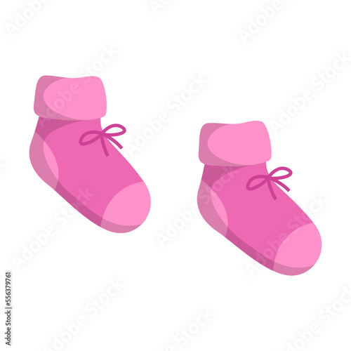 Cute knitted girl slippers with laces vector illustration. Baby shower element for photo, card or invitation, rattles for boys and girls on white background