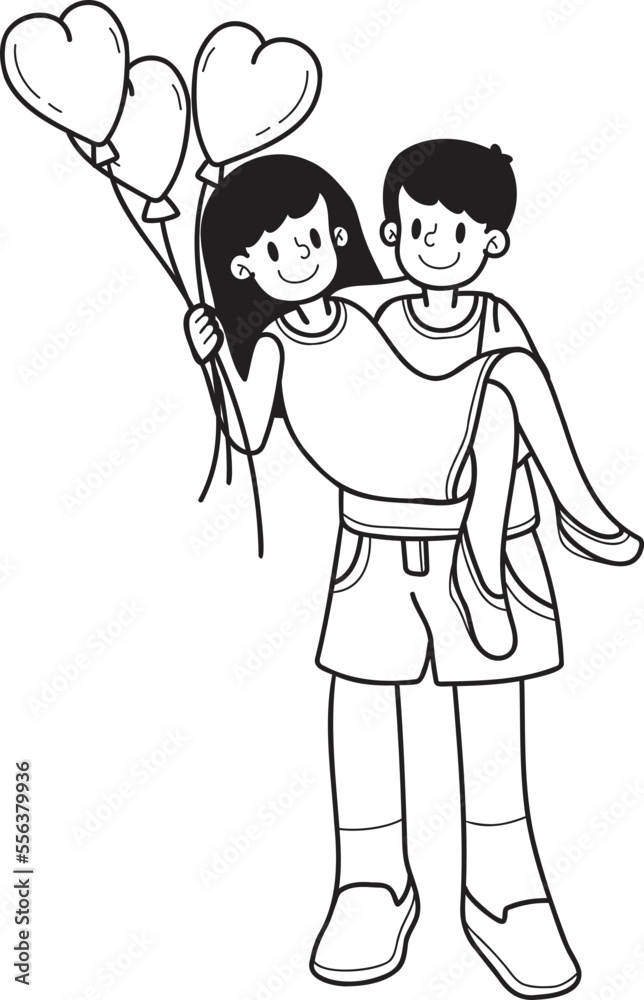 Hand Drawn man and woman holding heart shaped balloons illustration Hand Drawn man and woman holding heart shaped balloons illustration
