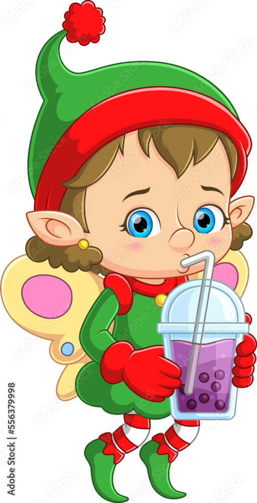 Cute elf holding bubble milk tea Stock Vector | Adobe Stock
