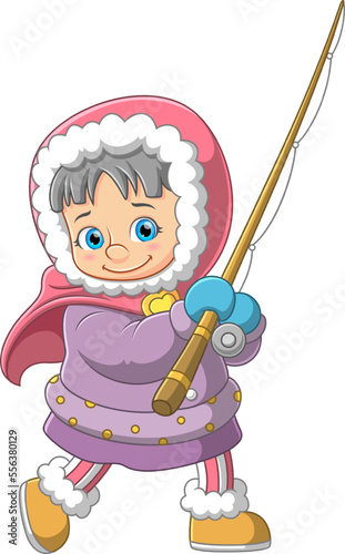 Young girl teen dressed in winter warm clothes and holding fishing stick