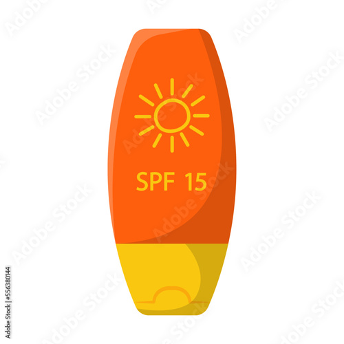 Tube of sun cream. Daily skin care cartoon illustration. Oil and foam cleansers, exfoliant, toner, essence, serum, sheet mask, eye cream, moisturizer. Cosmetic concept