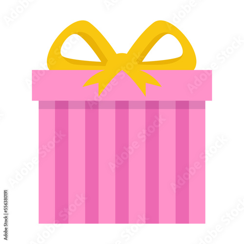 Cute gift in a pink striped box with a yellow bow vector illustration. Baby shower element for photo, card or invitation, rattles for boys and girls on white background