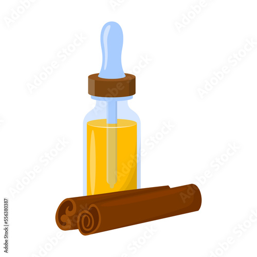 Essential oil with plant fragrances vector illustration. Glass bottle with cinnamon sticks oil. Aromatherapy, perfume concept