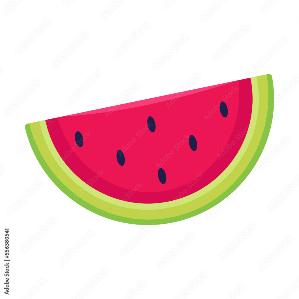 Comic slice of ripe juicy watermelon with large seeds and green peel vector illustration. Cartoon isolated on white background. Summer, vacation concept Comic slice of ripe juicy watermelon with large seeds and green peel vector illustration. Cartoon isolated on white background. Summer, vacation concept