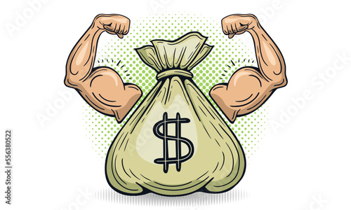money power, money bag with powerful arm, muscles hand hand drawn vector