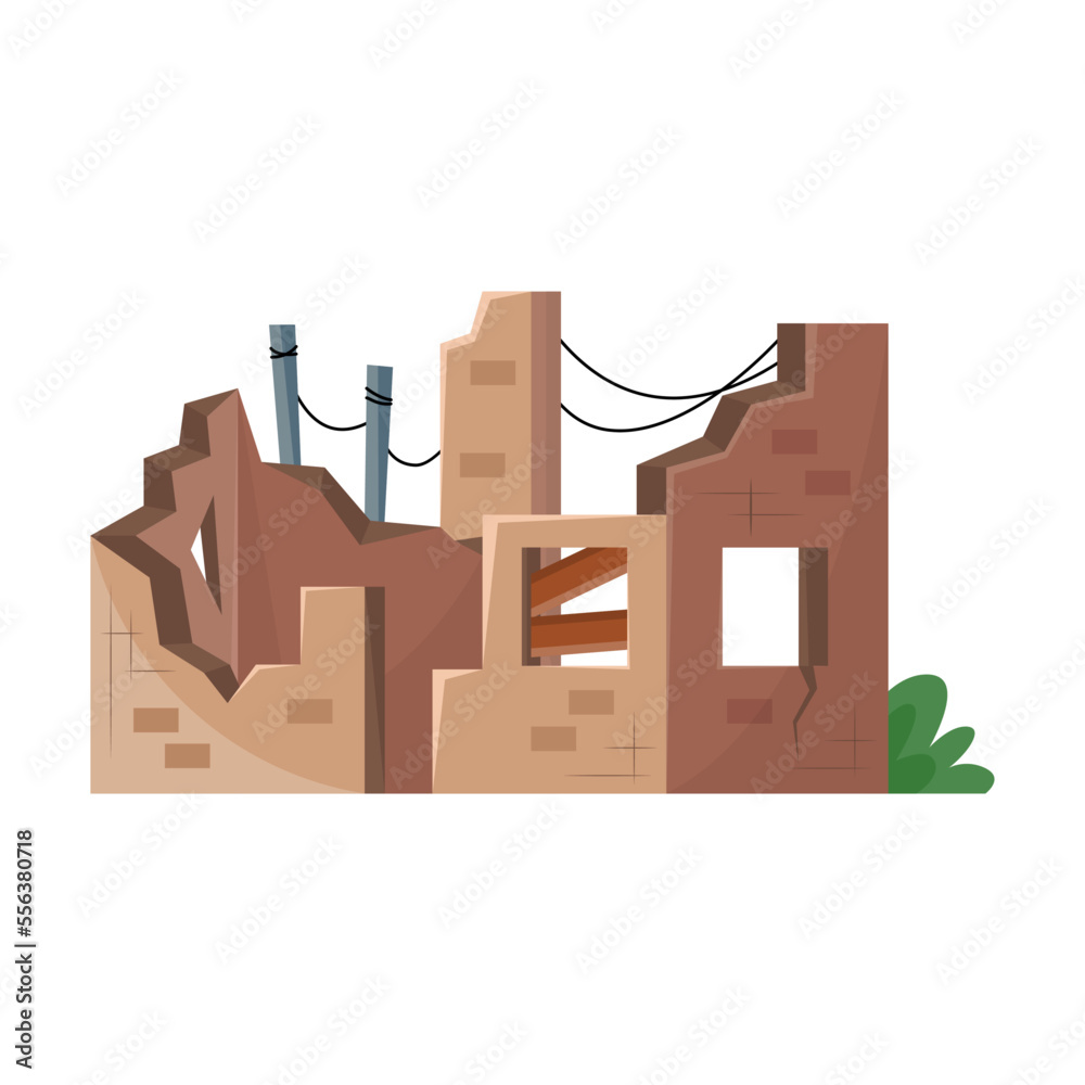 Old broken building. Vector illustration of destroyed house after