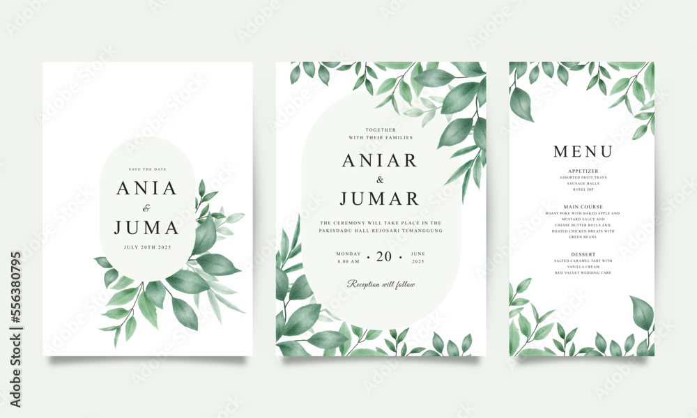 Set of wedding invitation card templates with beautiful watercolor leaves