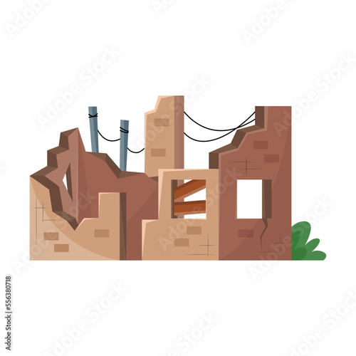 Old broken building. Vector illustration of destroyed house after earthquake. Cartoon abandoned dirty property in poor condition isolated white. Poverty concept
