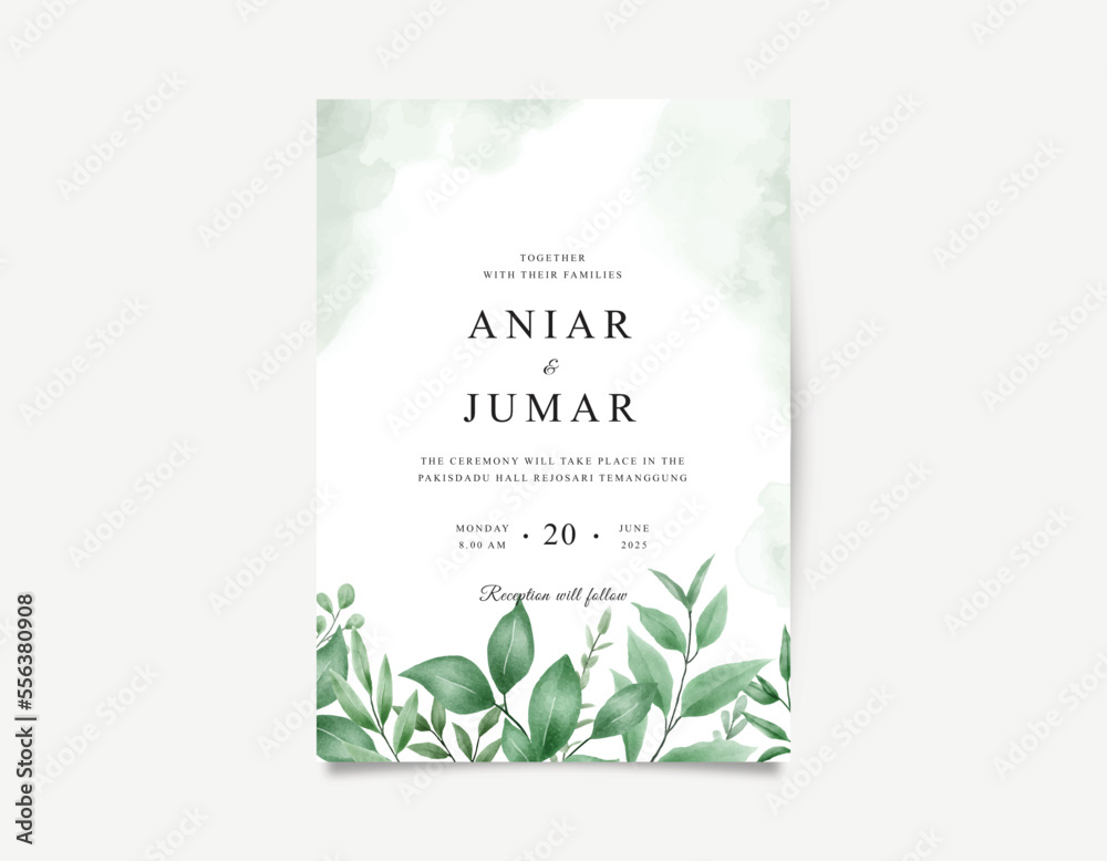 Wedding invitation card with green watercolor leaves