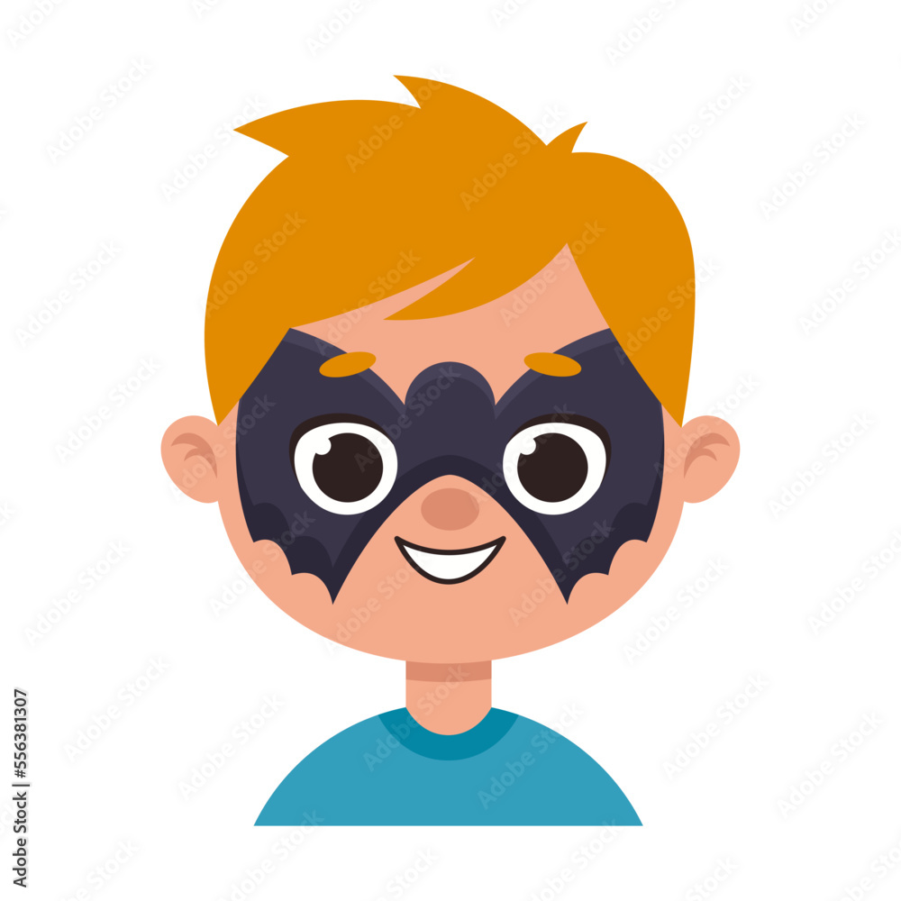 Portrait of happy kid with night bat superhero painting or creative makeup. Children face with colorful painting cartoon illustration. Party, entertainment concept