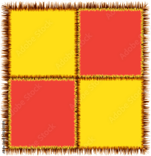Checkered rug, mat, doormat,serviette, carpet with grunge rough square elements in red, yellow, brown colors isolated on white
