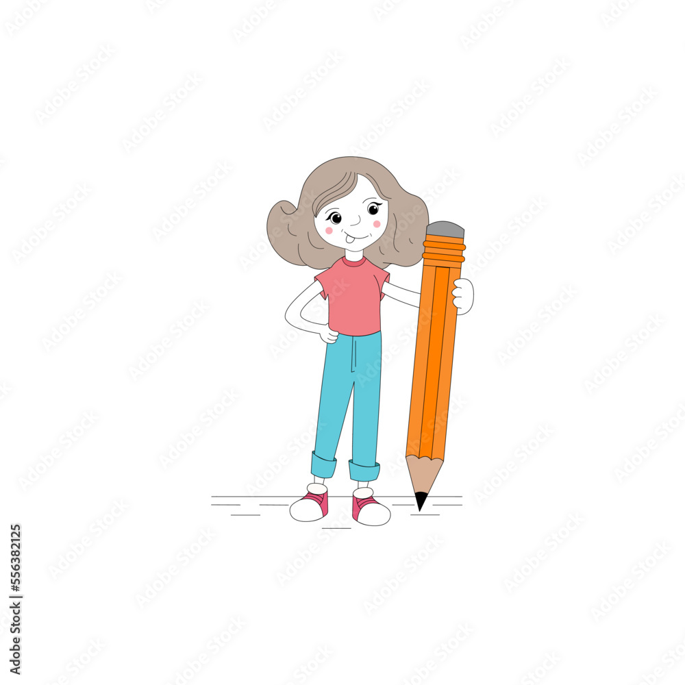 Young girl holding a big pencil. school girl character clip art vector isolated on white background. Young girl holding a big pencil. school girl character clip art vector isolated on white background.