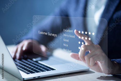 Customers are doing surveys Satisfaction with services. Customers write reviews of satisfaction with products or services..Consumers are answer surveys..