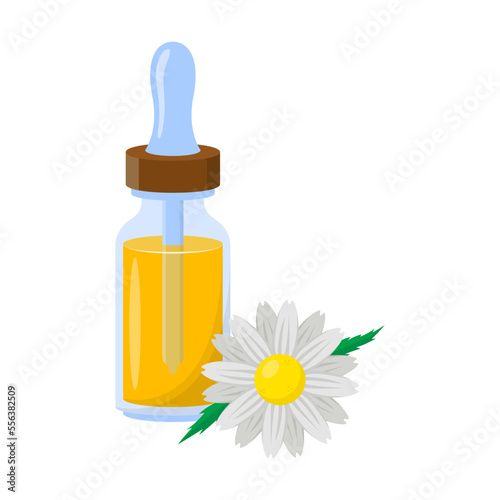 Essential oil with plant fragrances vector illustration. Glass bottle with chamomile oil. Aromatherapy, perfume concept