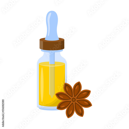 Essential oil with plant fragrances vector illustration. Glass bottle with dried cloves oil. Aromatherapy, perfume concept