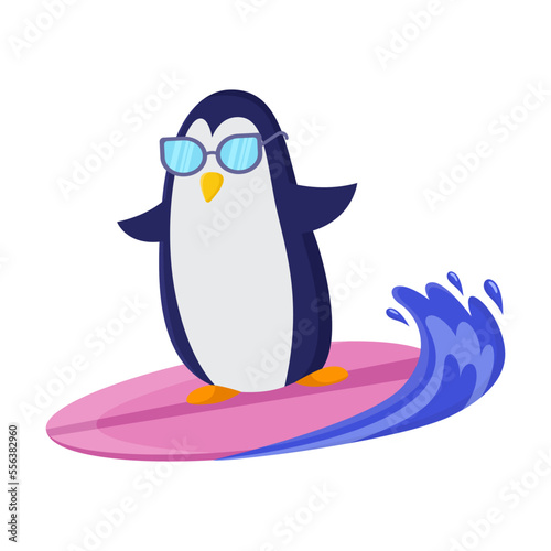 Funny penguin with glasses surfing, enjoying outdoor activity. Cute animal character on surfboard cartoon illustration. Summer, extreme water sport concept