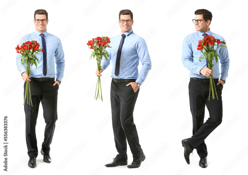 Set of handsome young man with bouquet of flowers isolated on white Set of handsome young man with bouquet of flowers isolated on white