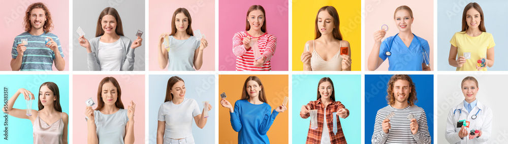 Collection of people and gynecologist with different contraceptive means on color background. National Condom Week Collection of people and gynecologist with different contraceptive means on color background. National Condom Week
