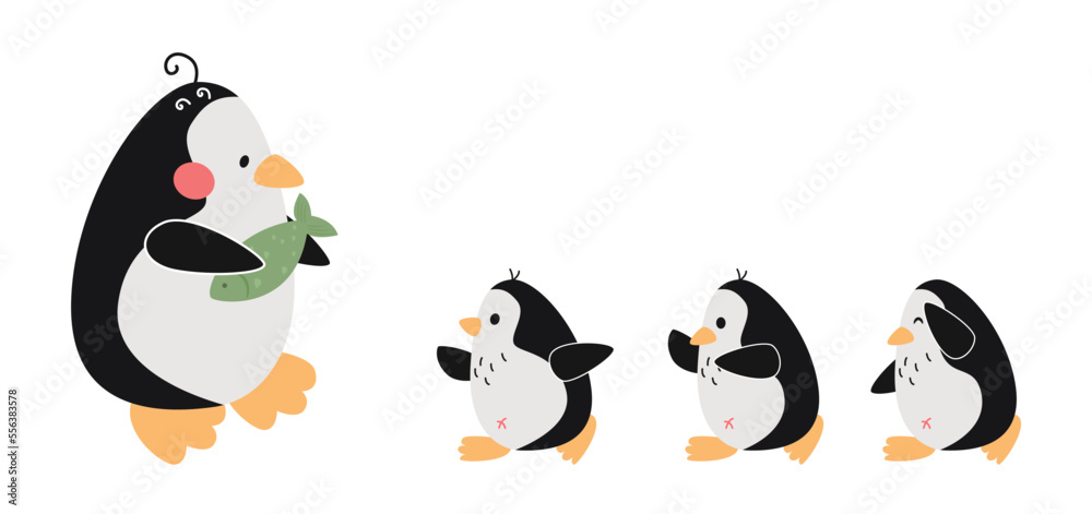 Comic mother penguin giving fish to kids vector illustration. Cartoon drawing of little penguin characters running towards mom isolated on white background. Family, food, wildlife, care concept Comic mother penguin giving fish to kids vector illustration. Cartoon drawing of little penguin characters running towards mom isolated on white background. Family, food, wildlife, care concept