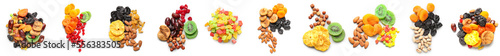 Collage of different dried fruits and nuts on white background photo