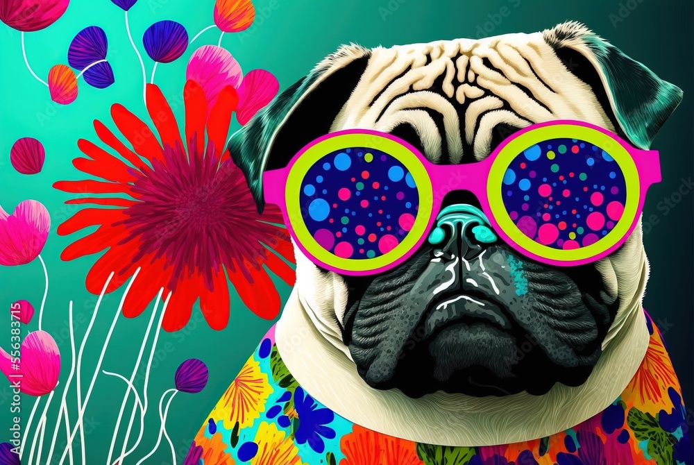 Flower power hippie pug in nature with colorful floral sunglasses, out and about exploring lovely springtime outside.