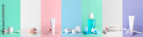 Collage with dentist's tools and items for oral hygiene on colorful background