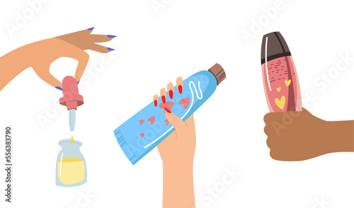 Female hands holding beauty products vector illustrations set. Hands of women with serum or oil dropper, tube of cream or toothpaste, shower gel isolated on white background. Beauty, skincare concept