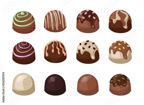 Chocolate sweets with frosting or glaze vector illustrations set. Cartoon drawings of candies, tasty snack made from white, dark, milk chocolate on white background. Desserts, confectionary concept