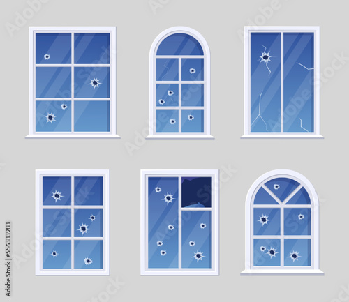 Windows of different shapes with holes vector illustrations set. Cartoon drawings of broken windows with gunshot holes isolated on grey background. Violence, danger, damage, destruction concept © Bro Vector