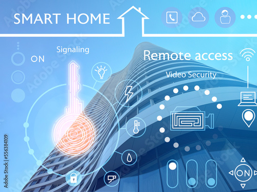 Application of smart home automation and modern skyscraper in city photo