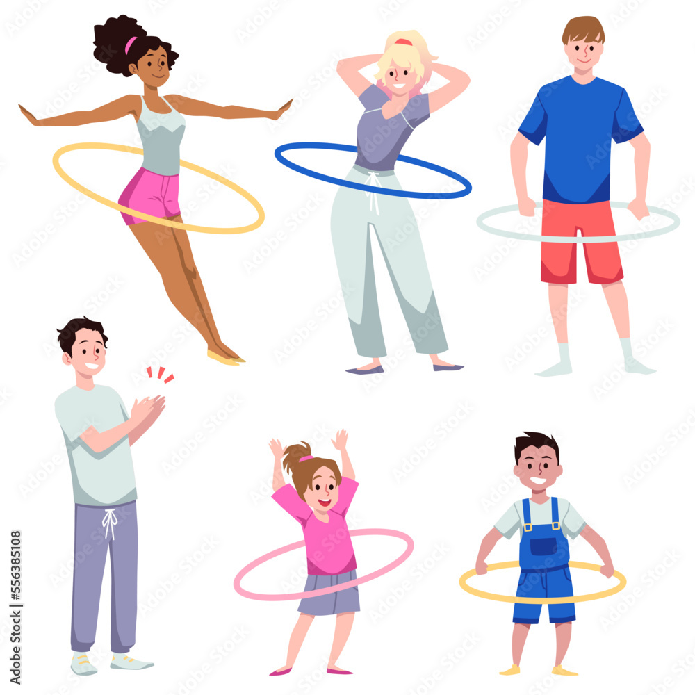 Collection of people exercising with hula hoop flat vector illustration isolated. Collection of people exercising with hula hoop flat vector illustration isolated.