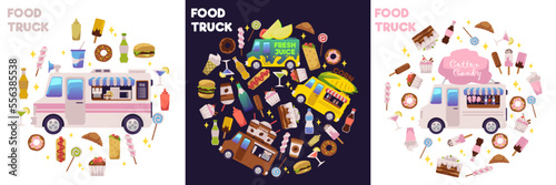 Food truck banners or posters with street food cafes, flat vector illustration.