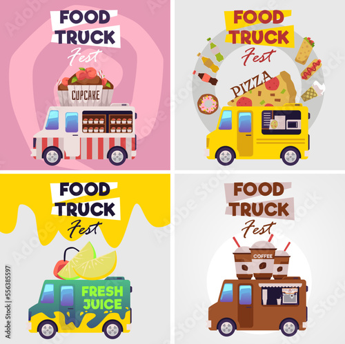 Food truck banners or cards with street food restaurants, vector illustration.