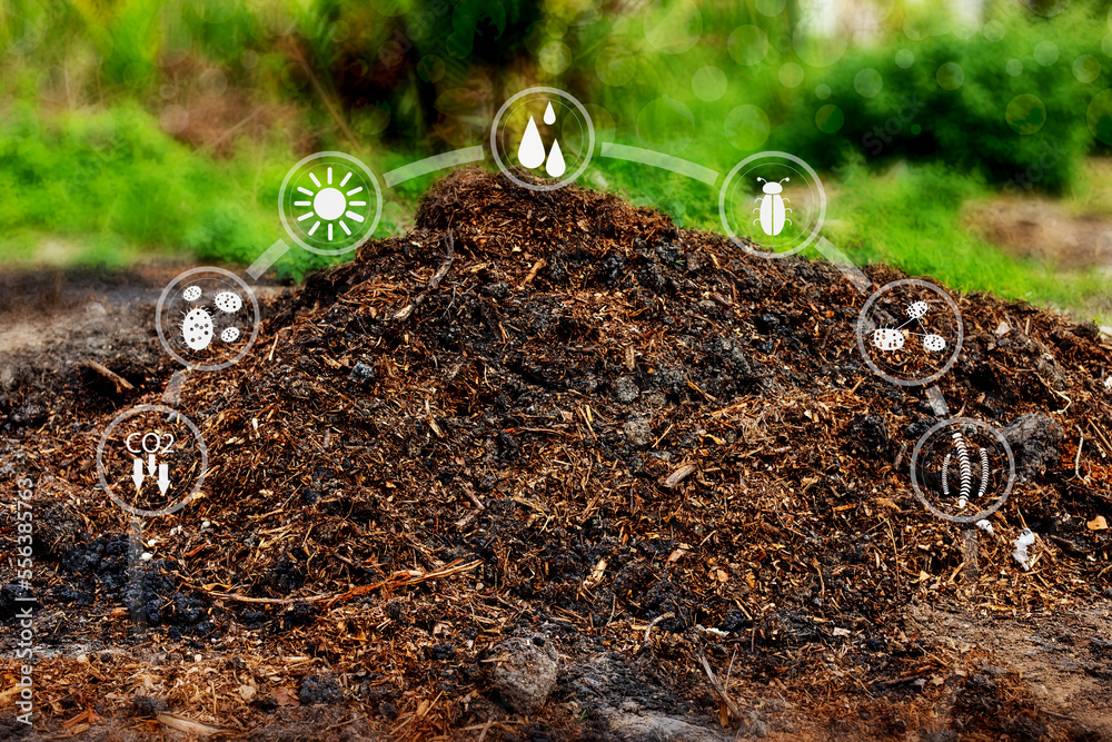 Compost piles are taken from manure, plant residues, and organic waste