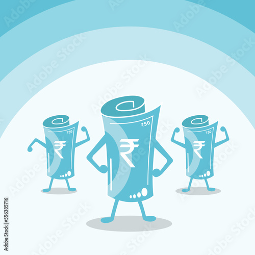 Indian rupee character. Indian Rupee Vector Illustration. Rolled Indian rupee character New 50 rupee banknote. Flat style Indian fifty rupees vector illustration. New Indian Currency