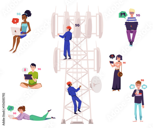 Set of people using 5G technologies for working, playing and downloading files flat style