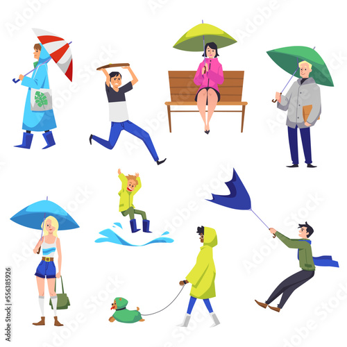 Set of people with umbrellas flat style, vector illustration