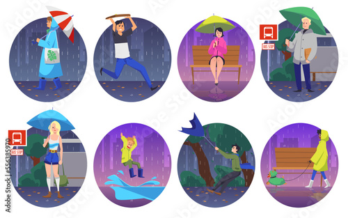 Rainy weather characters in circle frames cartoon vector illustration isolated.
