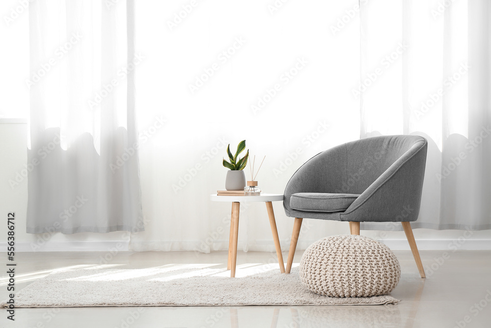 Interior of modern living room with snake plant, table and armchair - obrazy, fototapety, plakaty 