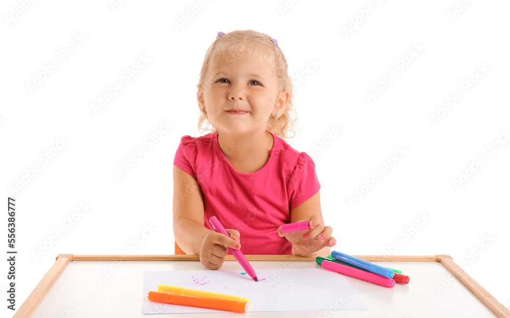 Cute little girl drawing with felt-tip pens at table on white background Cute little girl drawing with felt-tip pens at table on white background