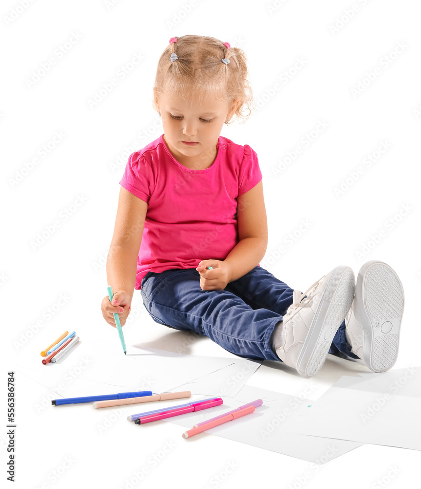 Cute little girl drawing with felt-tip pen sitting on white background Cute little girl drawing with felt-tip pen sitting on white background