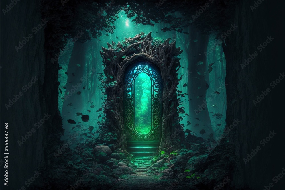 The tall black stone giant magic gate hidden deep in a dark forest