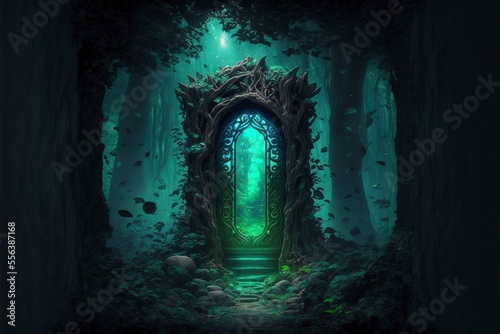 The tall black stone giant magic gate hidden deep in a dark forest