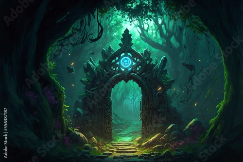 The tall black stone giant magic gate hidden deep in a dark forest