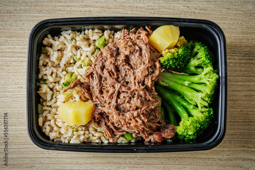 Delicious Hawaiian beef with broccoli meal with rice in a to-go container