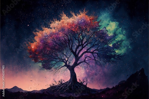 Magnificent big tree, glittering fruit, magnificent landscape, sparkling starry sky