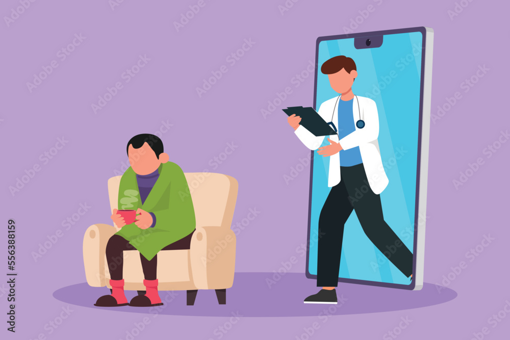 Character flat drawing young male patient having fever sitting on sofa, using blanket, holding mug and there is male doctor walking out of smartphone with clipboard. Cartoon design vector illustration Character flat drawing young male patient having fever sitting on sofa, using blanket, holding mug and there is male doctor walking out of smartphone with clipboard. Cartoon design vector illustration