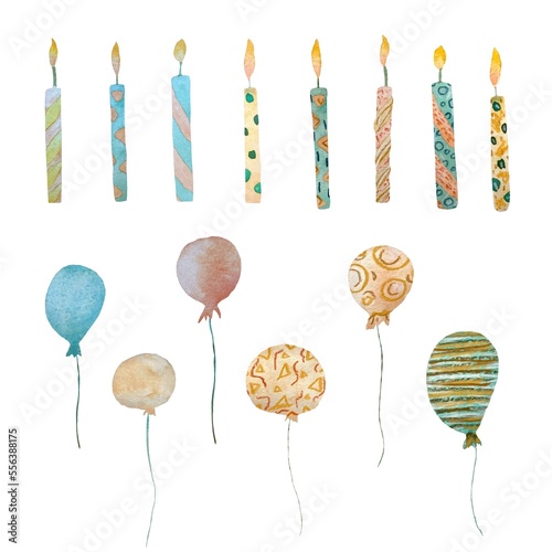 Candle balloon birthday textured set a watercolor