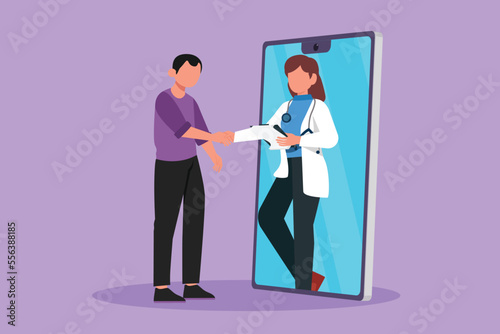 Graphic flat design drawing young male patient shaking hands with female doctor coming out of smartphone and holding clipboard. Online medical consultation concept. Cartoon style vector illustration
