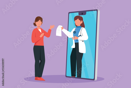 Cartoon flat style drawing female patient receiving prescription from female doctor coming out of smartphone screen. Online medical healthcare consultation concept. Graphic design vector illustration